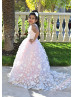 Soft Pink Beaded Floral Lace Tulle Flower Girl Dress